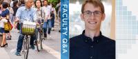 Older Asian couple riding bicycles next to headshot of Alan Cohen and text "Faculty Q&A"